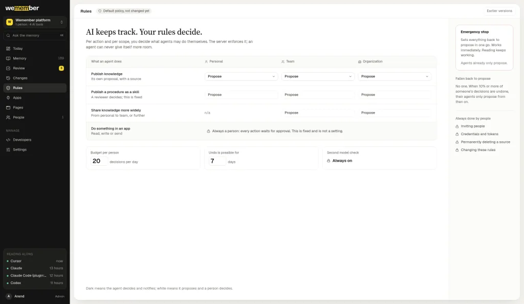 Wemember Rules screen: per action and per scope, choose whether agents propose or decide